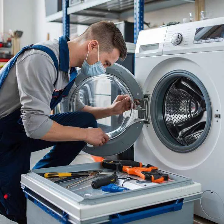 Technician checking washing machine drum and motor